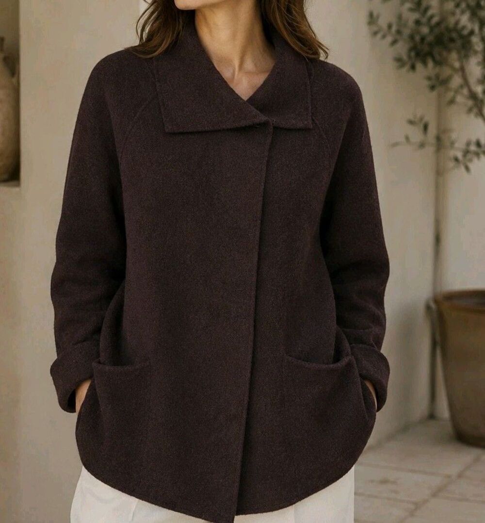 Eileen Fisher Brown 100% Wool Front Snap Button Pockets Women Jacket MP Cozy - Picture 1 of 6